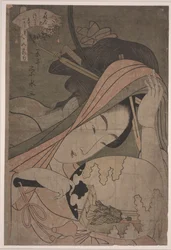Tsukasa z Ôgiya, Kamuro Akeba a Kochô, kolem 1795-97 (barevný dřevoryt)