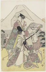 Dvě ženy cestující na koni na úpatí hory Fuji, cca 1790 (barevný dřevořez)