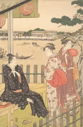 Skupina v čajovně na břehu řeky Sumida, ca. 1790.