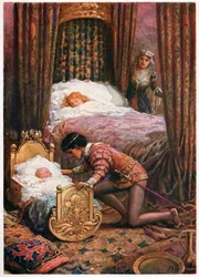 „Sklonil se, aby políbil malé miminko“ z italských pohádek od Lilie E. Romano, vydané nakladatelstvím Raphael Tuck & Sons (barevné lito)