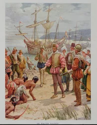 Sir Walter Raleigh (1552-1618) přistává ve Virginii