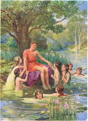 „Vodní nymfy se na něj přišly podívat a milovaly ho“, ilustrace „Jak se Argonauti plavili do Kolchidy“ z Hrdinů řeckých pohádek od Charlese Kingsleyho (1819-75) (barevné litho)