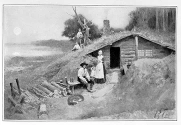 Jeskynní obydlí v Pensylvánii, ilustrace z díla „Colonies and Nation“ od Woodrowa Wilsona, publikovaná v Harper