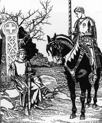 Arthurian Legend: Galahad Meets Melyas de Lyle Ilustrace Howarda Pylea (1853-1911) z Příběhu grálu a smrti Artura“ Soukromá sbírka z roku 1910