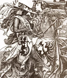 Artušovská legenda: Kay (Keu), rytíř kulatého stolu, zlomí svůj meč na turnaji (Sir Kay, rytíř kulatého stolu, zlomí svůj meč na turnaji) Ilustrace Howarda Pylea (1853-1911) z „Příběhu krále Artuše a jeho rytířů““ 190