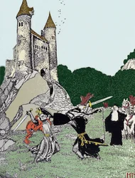 Bitva mezi králem Artušem a černým rytířem za přítomnosti kouzelníka Merlina. Ilustrace Howarda Pyla (1853-1911), amerického ilustrátora