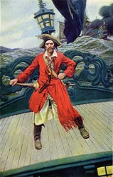 Kapitán Keith na palubě své lodi. Ilustrace z „Knihy pirátů Buccaneers and Marooners of the Spanish Main“ od Howarda Pylea (1853-1911), amerického ilustrátora
