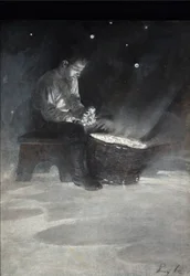 David se posadil na dřevěnou lavičku a vzal velkou modrou hvězdu z knihy „The Garden Behind the Moon“ od Howarda Pylea, vydané v roce 1895 (olej na palubě)