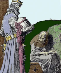 Král Artuš a čarodějnice. Ilustrace Howarda Pyla (1853-1911), amerického ilustrátora.