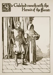 Sir Galahad přichází s Poustevníkem z lesa, ilustrace z „Příběhu grálu a Artušova míjení“, kolem roku 1910