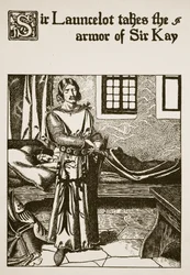 Sir Launcelot si bere brnění Sira Kaye, ilustrace z „Příběhu šampionů kulatého stolu“