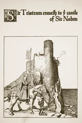 Sir Tristram přichází na hrad sira Nabona, ilustrace z "Příběhu mistrů kulatého stolu".