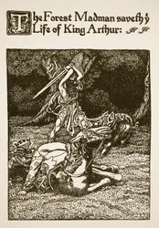 Lesní blázen zachránil život krále Artuše, ilustrace z "Příběhu sira Launcelota a jeho společníků".