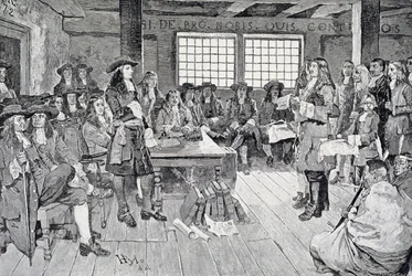 William Penn na konferenci s kolonisty, ilustrace z hospody „První návštěva Williama Penna v Americe“. v Harper