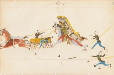 Howling Wolf Fighting Soldiers, 1874-75 (pero, inkoust a wc na účetním papíře)