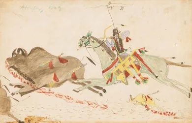 Howling Wolf Hunting Buffalo, 1874-75 (pero, inkoust a wc na účetním papíře)