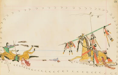Howling Wolf and Another Warrior, 1874-75 (pero, inkoust a wc na účetním papíře)