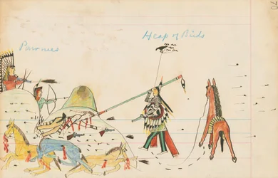 Pawnees a Heap of Birds, 1874-75 (pero, inkoust a wc na hlavní papír)