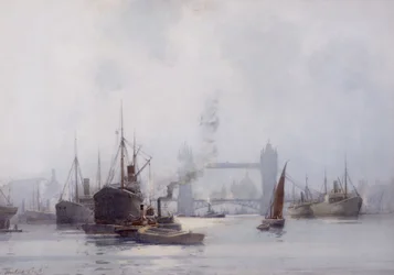Tower Bridge z dolního bazénu, asi 1925 (akvarel na papíře)