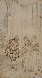 Literární ilustrace s gentlemanem a dvěma dámami v interiéru