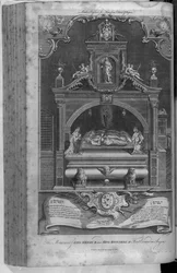Památník Jindřicha II. a Richarda I. v opatství Fontevrault, vyrytý Johnem Goldarem, 1786