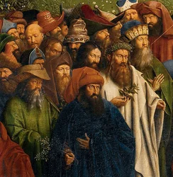 Detail Adoration of the Mystic Lamb, z Gentského oltáře, spodní polovina centrálního panelu