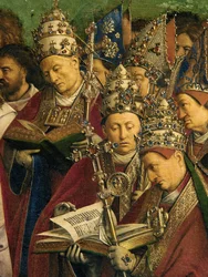 Klanění mystického beránka, z Gentského oltáře, detail spodní poloviny centrálního panelu