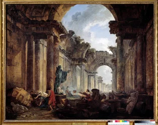 Imaginární pohled na Velkou galerii Louvru v ruinách, obraz Huberta Roberta (1733-1808), slunce, 1,14 x 1,46 m