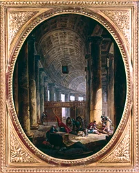 „Interiér kolonády svatého Petra, Řím, v době konkláve 1769“