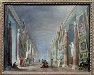 Velká galerie v Louvru mezi lety 1801 a 1805. Obraz Huberta Roberta (1733-1808), 0,37 x 0,46, muzeum Louvre, Paříž