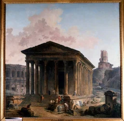 Čtvercový dům, býčí aréna a věž Magne v obraze Nimes od Huberta Roberta