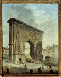 Porte Saint Denis (Výhled na město Paříž). Obraz Huberta Roberta (1733-1808)