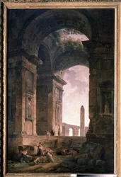 Ruiny s obeliskem. Obraz Hubert Robert (1733-1808), olej na plátně