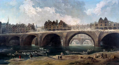 Demolice domů na mostě Notre-Dame (Notre Dame) v Paříži v roce 1786 Sur la Seine, mytí lodí (lodní mytí). obraz Hubert Robert (1733-1808) 1786 ne. 0,86x1,59 m Paříž, Musee Carnavalet