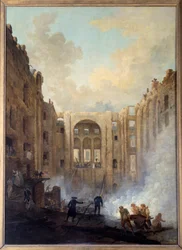 Požár opery v Palais Royal (Paříž). Obraz Huberta Roberta (1733-1808)