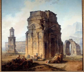 Pohled na Arc de Triomphe a Divadlo oranžové malby od Huberta Roberta (1733-1808) Slunce z 18. století. 2,42x2,42m