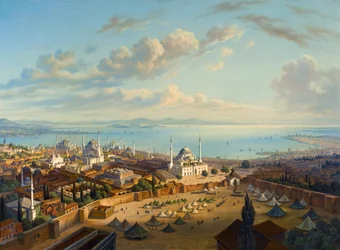 ""Pohled na Konstantinopol z věže Serasker (Bayezid nebo Seraskier)"" (Konstantinopol z Fire Tower of Beyazit) Malba Huberta Sattlera (1817-1904) Olej na plátně, 74x101,5 - soukromá sbírka