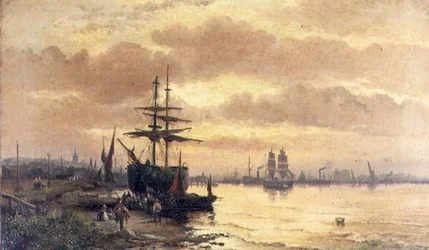 Fisherfolk na břehu ústí při západu slunce