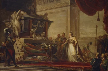 Kateřina II. pokládání trofejí z bitvy u Chesmy na hrob Petra Velikého, 1791