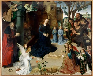 Klanění pastýřů (Ústřední panel Tryptika z Portinari”". Obraz Hugo van der Goes (1440-1482). 1475 cca V/Š. 253x304 cm. galleria degli Uffizi (Kanceláře), Florencie - Klanění pastýřů (ústřední panel Portinari Triptyc