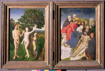 Diptych: Pád člověka (Adam a Eva, had a jablko) a Snímání Ježíše z kříže (po roce 1479)
