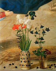 Váza s bílými, červenými a modrými liliemi a kosatcem (tempera na dřevě)