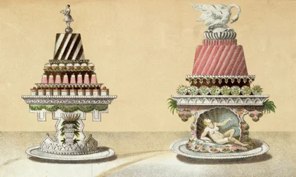 Návrh pro prezentaci Charlottes a la Reine & Pain de Framboises a la Leda, ilustrace z maďarské kuchařské knihy o francouzské kuchyni, kolem roku 1880