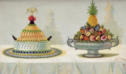 Návrh na prezentaci slepičího kuřete s majonézou a aspikem na lůžku z másla, ledu a ovoce, ilustrace z maďarské kuchařské knihy o francouzské kuchyni, kolem roku 1880