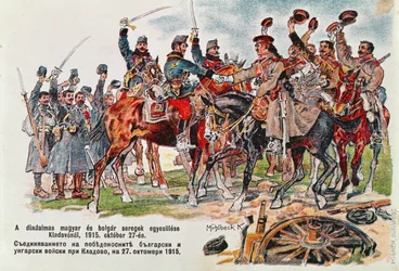 Pohlednice zachycující setkání maďarské a bulharské armády 27. října 1915 u Kladova, 1915