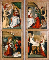 Zvěstování, Narození Krista, Klanění tří králů a představení v chrámu ze Szepeshelyho oltáře, 1480-90
