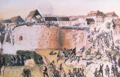 Maďarská revoluce roku 1848: rakouská vojska zaútočila na Budínský hrad 21. května 1849 (wc na papíře)