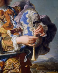 Gaspard de Gueidan hrající na dudy, cca 1735, Hyacinthe Rigaud (1659-1743), olej na plátně. Detail. Francie