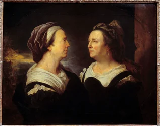 Portrét matky paní Rigaudové ve dvou různých postojích. Dvojportrét ženy z profilu (vlevo a vpravo). Obraz Hyacinthe Rigaud (1659-1743) 1695 Sun. 0,83 x 1,03 m