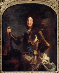 Portrét francouzského krále Ludvíka XIV. (1638-1715), v brnění Obraz Hyacinthe Rigaud (1659-1743) 18. století Sun. 2,21x1,3m
